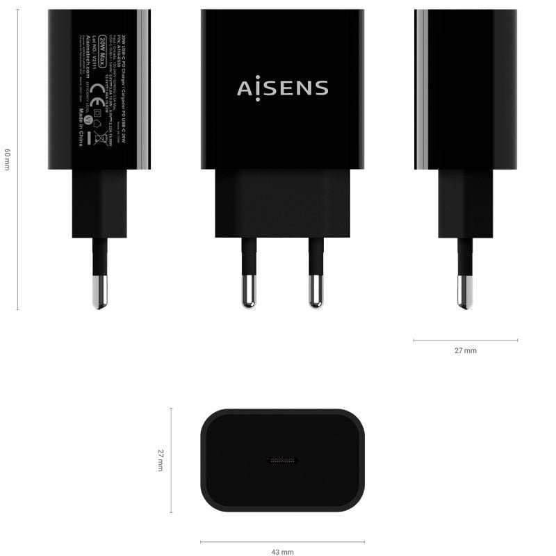 Cargador de Pared Aisens A110-0538/ 1xUSB Tipo-C PD3.0/ 20W/ Negro - изображение 3