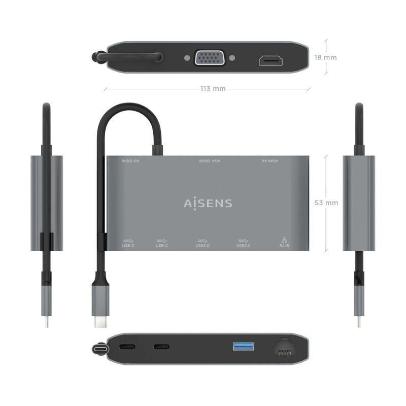 Docking USB Tipo-C Aisens ASUC-8P010-GR/ 1xHDMI/ 1xVGA/ 2xUSB/ 1xRJ45/ 2xUSB Tipo-C/ 1xUSB Tipo-C PD/ Gris - изображение 4