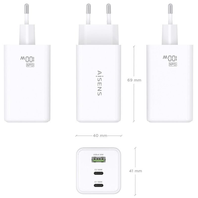 Cargador de Pared GaN Aisens ASCH-100W3P051-W/ 2xUSB Tipo-C/ 1xUSB/ 100W - изображение 4