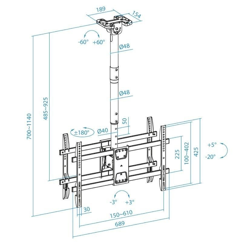 Soporte de Techo Giratorio/ Inclinable/ Nivelable TooQ LPCE2286TSLI-B para 2 TV de 43-86"/ hasta 100kg - изображение 5