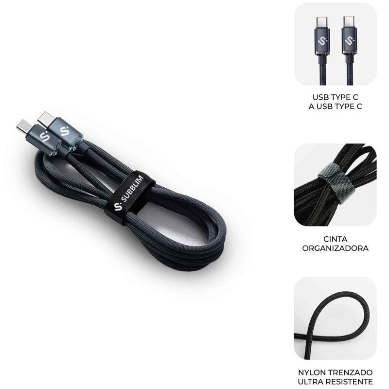 Cable USB 2.0 Tipo-C Subblim Optimus/ USB Tipo-C Macho - USB Tipo-C Macho/ Hasta 60W/ 480Mbps/ 1m/ Negro - изображение 2