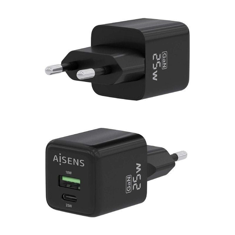 Cargador de Pared GaN Aisens ASCH-25W2P015-BK/ 1xUSB Tipo-C/ 1xUSB/ 25W - изображение 3