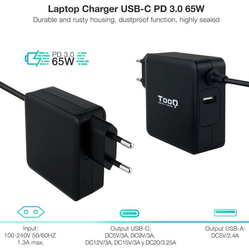 Cargador de Portátil TooQ TQLC-USBC65PD USB Tipo-C/ 65W/ Automático/ Voltaje 5-20V - изображение 2