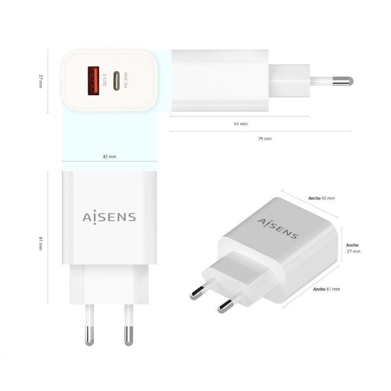 Cargador de Pared Aisens A110-0681/ 1xUSB Tipo-C/ 1xUSB/ 20W - изображение 3