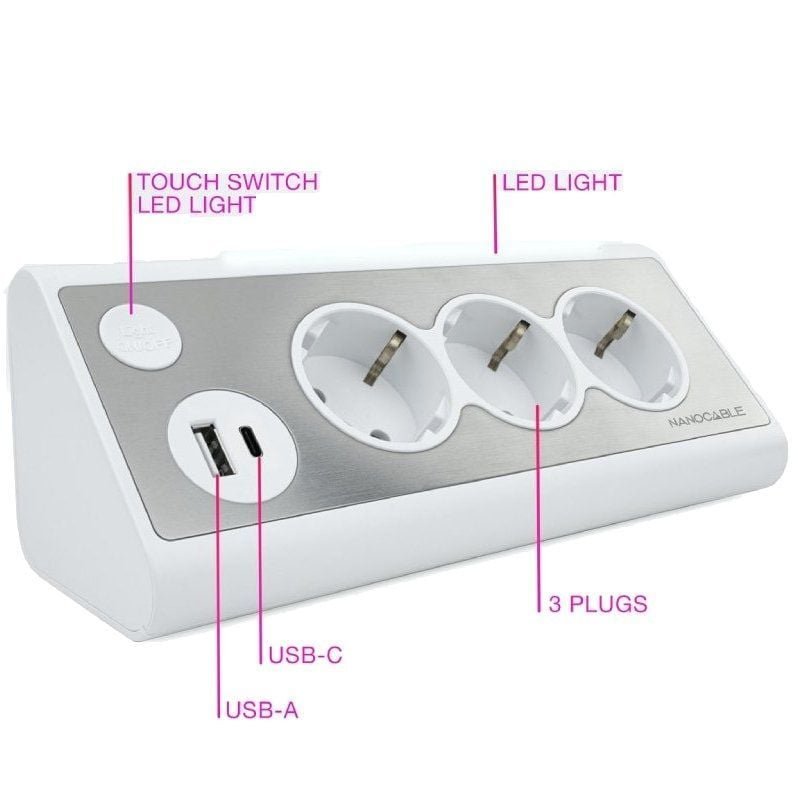 Regleta con Interruptor Nanocable 10.37.0013-W/ 3 Tomas de Corriente/ 1 USB/ 1 USB Tipo-C/ Cable 1.5m/ Blanca - изображение 3
