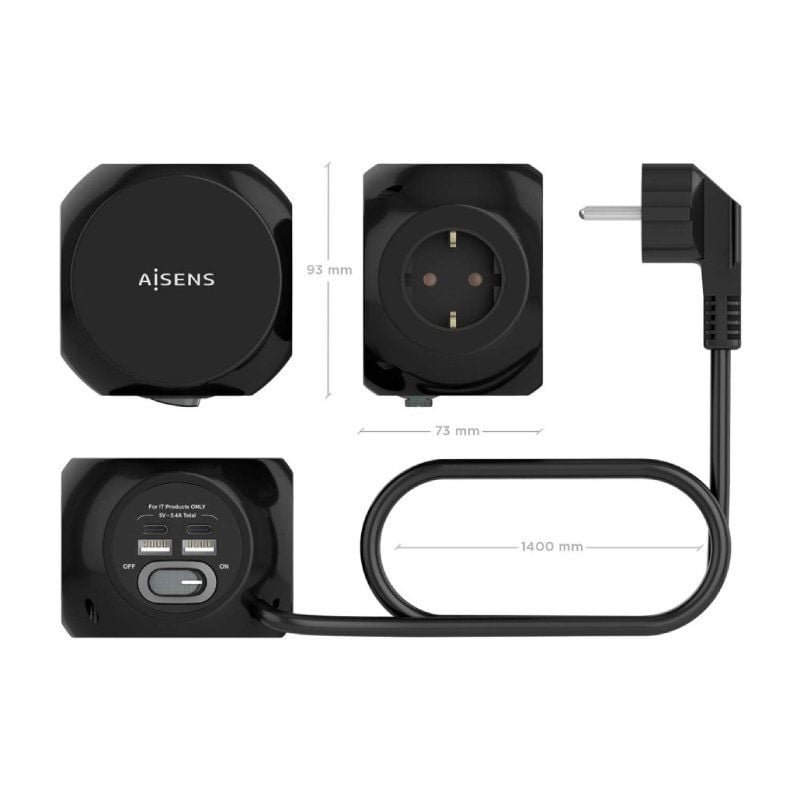 Regleta con Interruptor Aisens ASPS-2A2C05-BK/ 3 Tomas de Corriente/ 2 USB Tipo-C/ 2 USB/ Cable 1.4m/ Negro - изображение 3