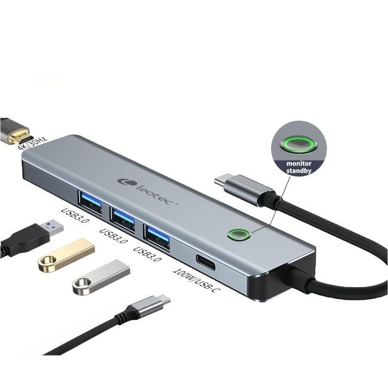 Docking USB Tipo-C Leotec LEDS05/ 3xUSB/ 1xUSB Tipo-C PD/ 1xHDMI/ Gris - изображение 2