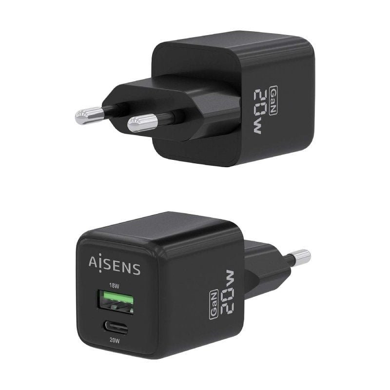Cargador de Pared GaN Aisens ASCH-20W2P011-BK/ 1xUSB Tipo-C/ 1xUSB/ 20W - изображение 3