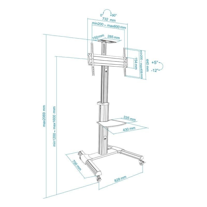 Soporte de Suelo Inclinable/ Ajustable con Ruedas TooQ FS1870M-B para TV de 37-70"/ hasta 50kg - изображение 5