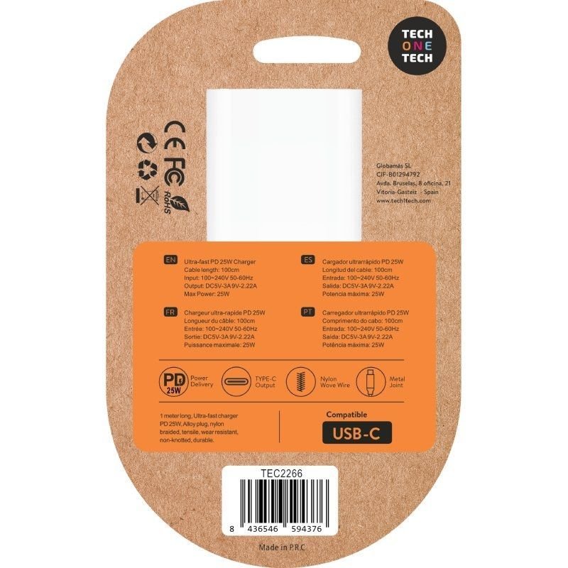 Cargador de Pared Tech One Tech TEC2266/ 1xUSB Tipo-C + Cable USB Tipo-C/ 3A/ Blanco - изображение 4