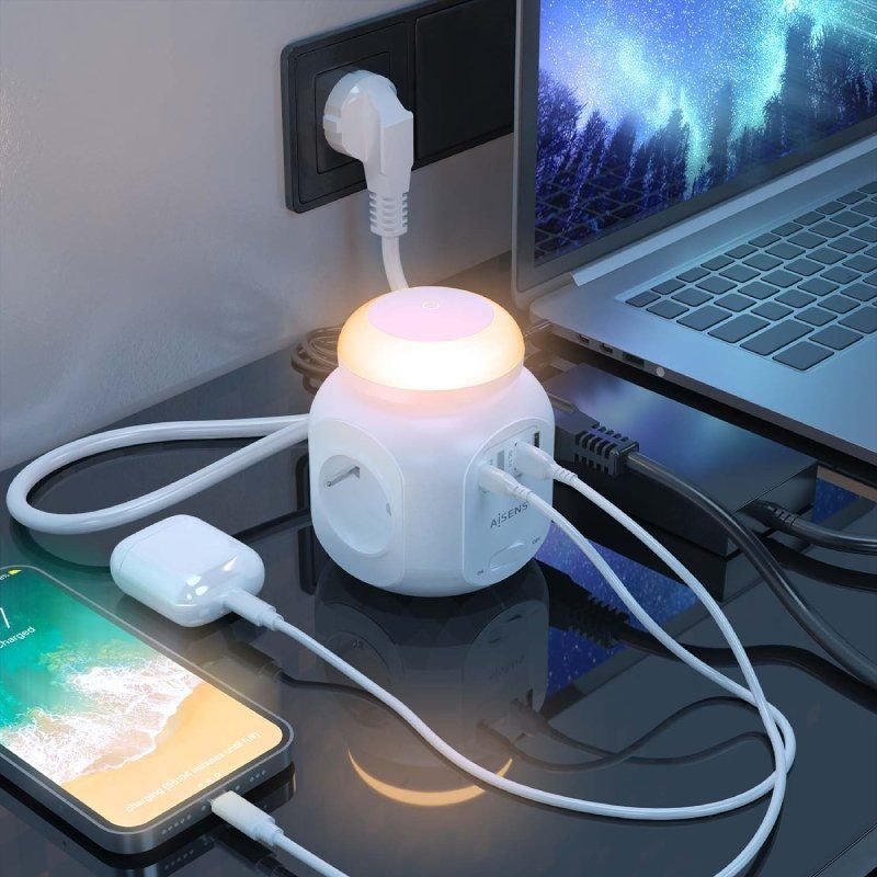 Regleta con Interruptor y Luz Nocturna Aisens ASPS-2A1CLPQ02-W/ 4 Tomas de Corriente/ 1 USB Tipo-C PD/ 2 USB/ Cable 1.8m/ Blanco - изображение 5