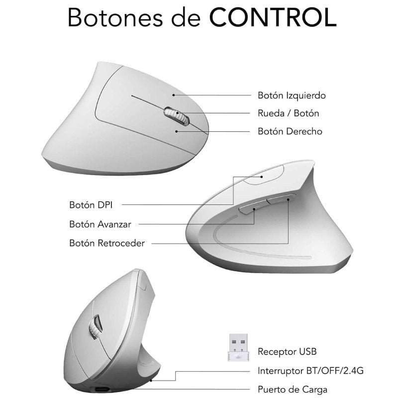 Ratón Vertical Inalámbrico por Bluetooth/ 2.4GHz Subblim Glide Vertical Ergo Dual Battery/ Batería Recargable/ Hasta 1600 DPI/ Blanco - изображение 4