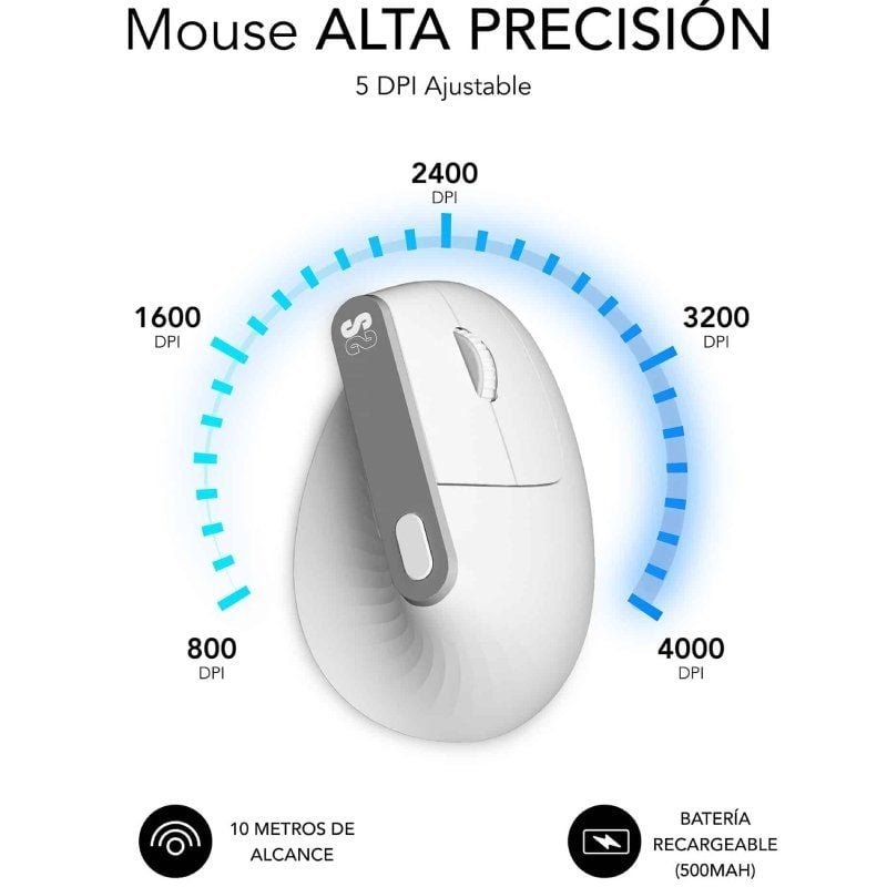 Ratón Vertical Inalámbrico por Bluetooth/ 2.4GHz Subblim Nature Vertical Ergo Dual Battery/ Batería Recargable/ Hasta 4000 DPI/ Blanco - изображение 4