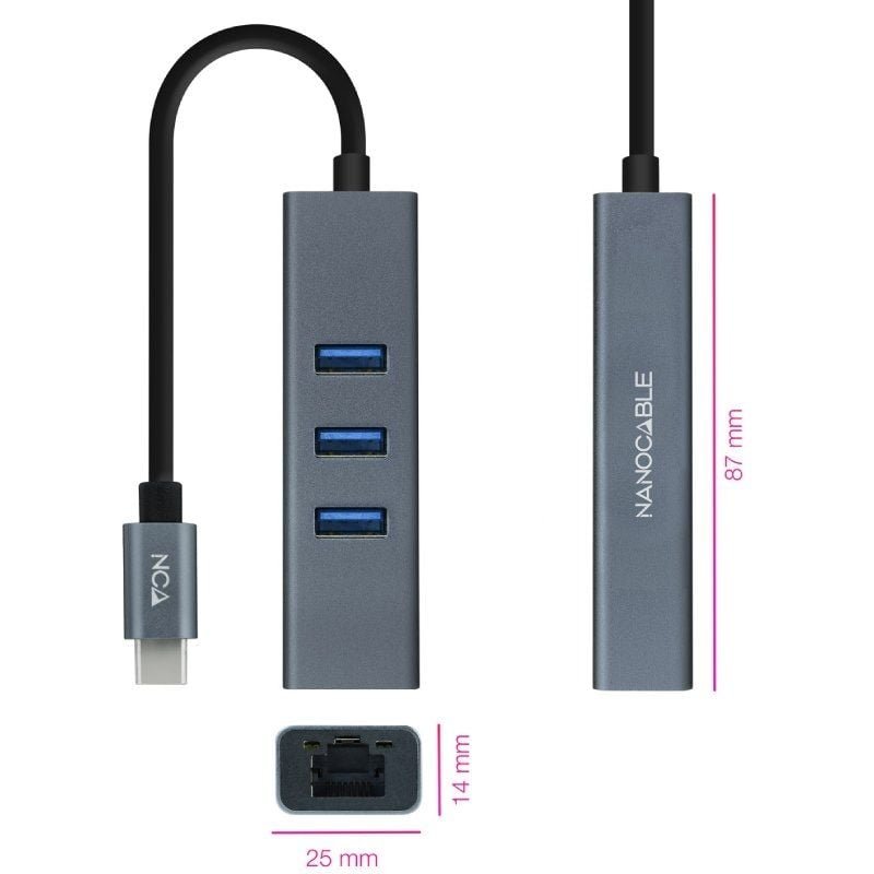 Hub USB Tipo-C Nanocable 10.03.0408/ 3xUSB/ 1xRJ45/ Gris - изображение 2