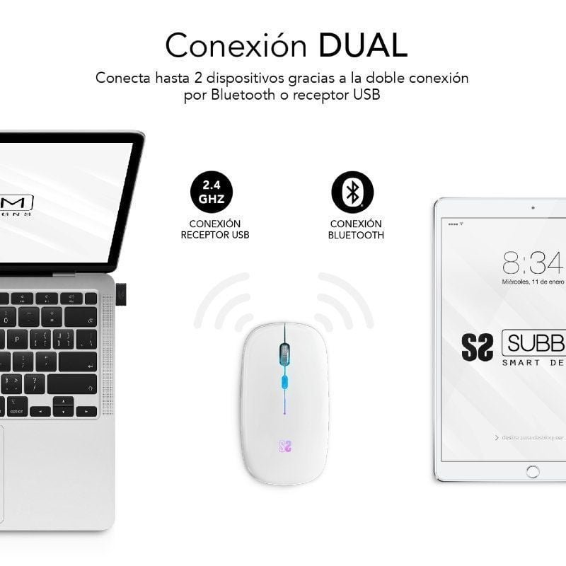 Ratón Inalámbrico por Bluetooth Subblim LED Dual Flat/ Batería recargable/ Hasta 1600 DPI/ Blanco - изображение 3