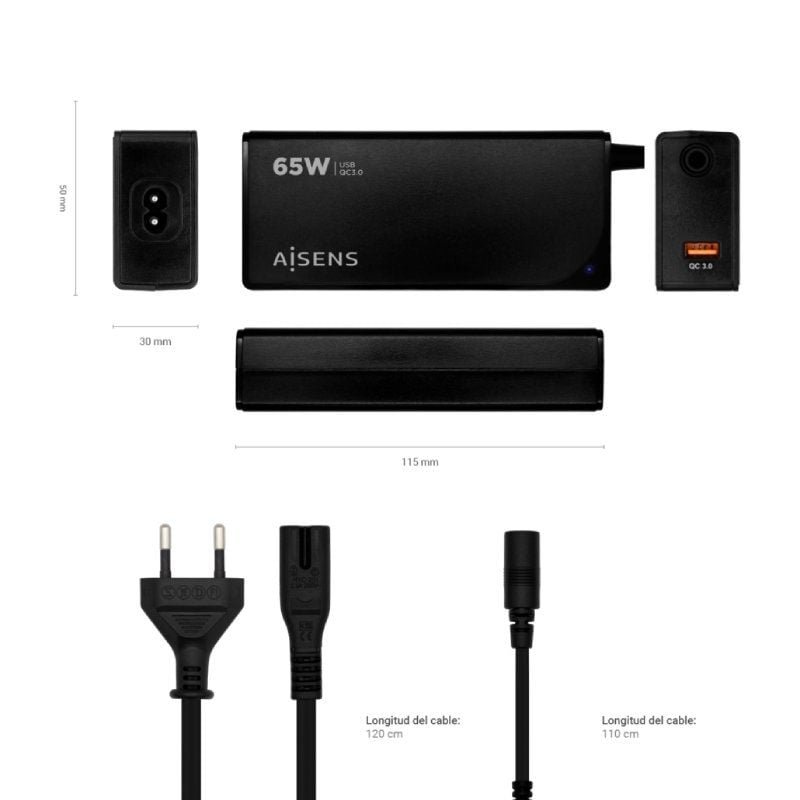 Cargador de Portátil Aisens ASLC-65WAUTO-BK/ 65W/ Automático/ 9 Conectores/ Voltaje 18.5-20V/ 1 USB QC3.0 - изображение 4