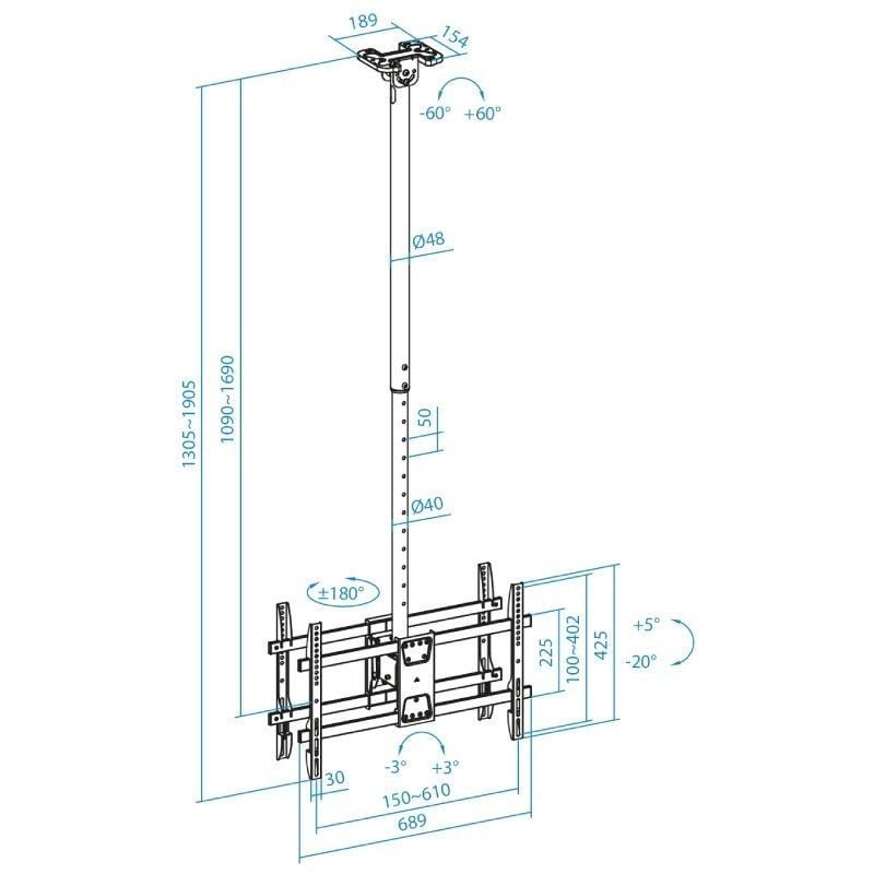 Soporte de Techo Giratorio/ Inclinable/ Nivelable TooQ LPCE2286TSLI-XL-B para 2 TV de 43-86"/ hasta 100kg - изображение 5