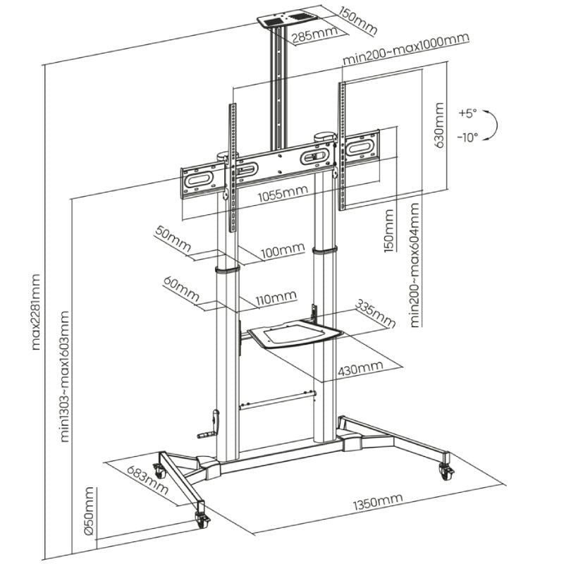 Soporte de Suelo Inclinable con Ruedas y Manivela Aisens FT100TE-171 para TV 60-100"/ hasta 100kg - изображение 5