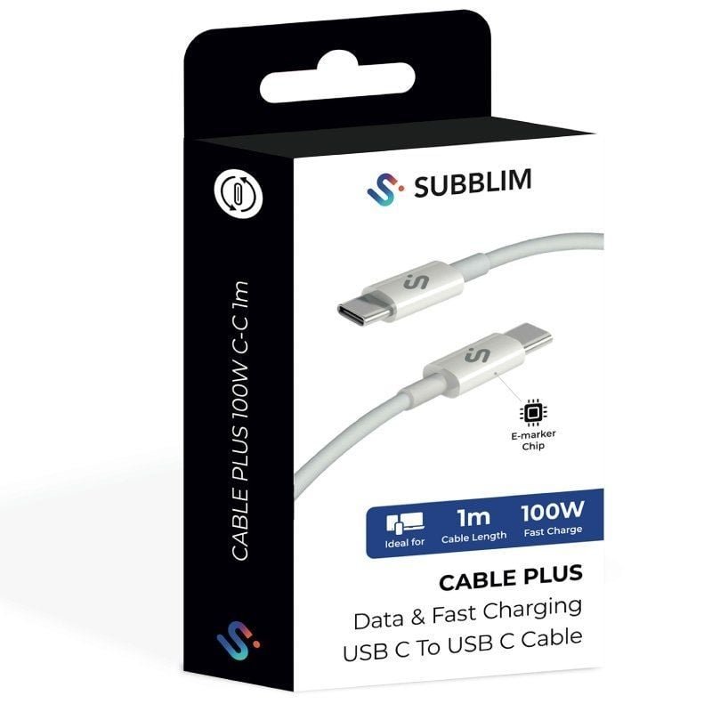 Cable USB 2.0 Tipo-C Subblim Cable Plus/ USB Tipo-C Macho - USB Tipo-C Macho/ Hasta 100W/ 480Mbps/ 1m/ Blanco - изображение 5