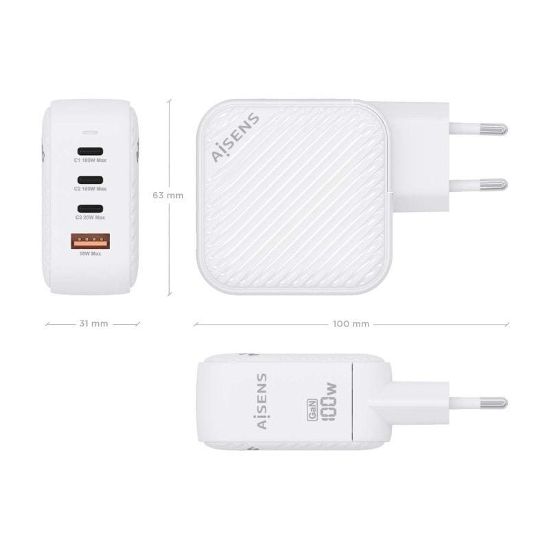 Cargador de Pared GaN Aisens ASCH-100W4P028-W/ 3xUSB Tipo-C/ 1x USB/ 100W - изображение 4