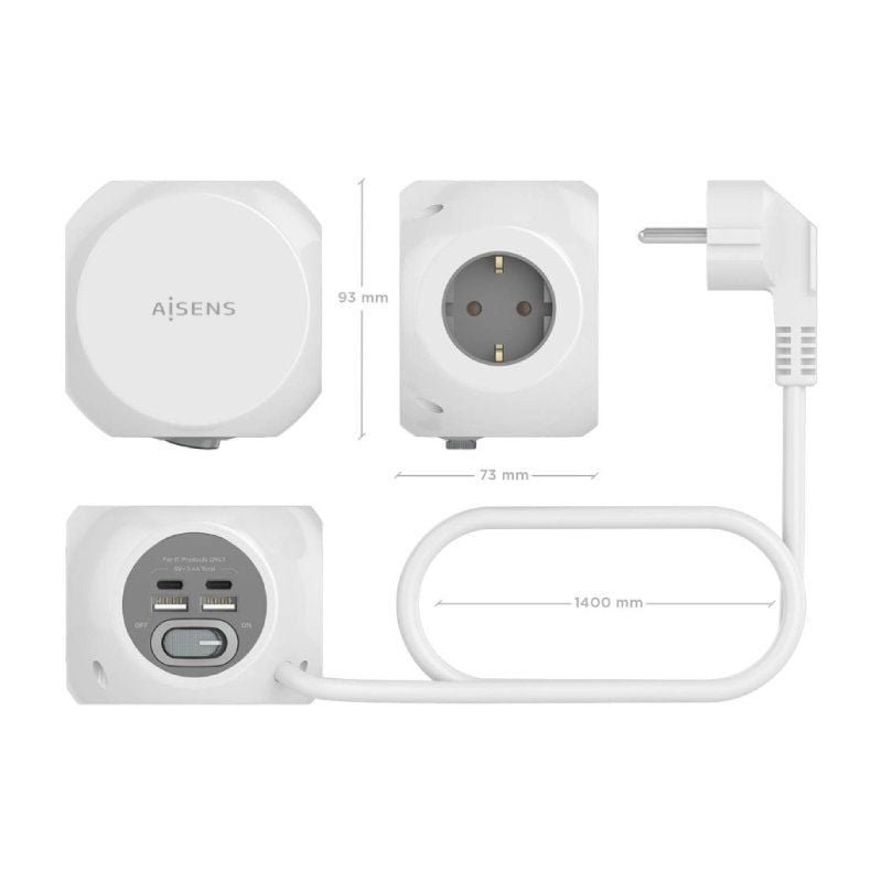 Regleta con Interruptor Aisens ASPS-2A2C04-W/ 3 Tomas de Corriente/ 2 USB Tipo-C/ 2 USB/ Cable 1.4m/ Blanco - изображение 3