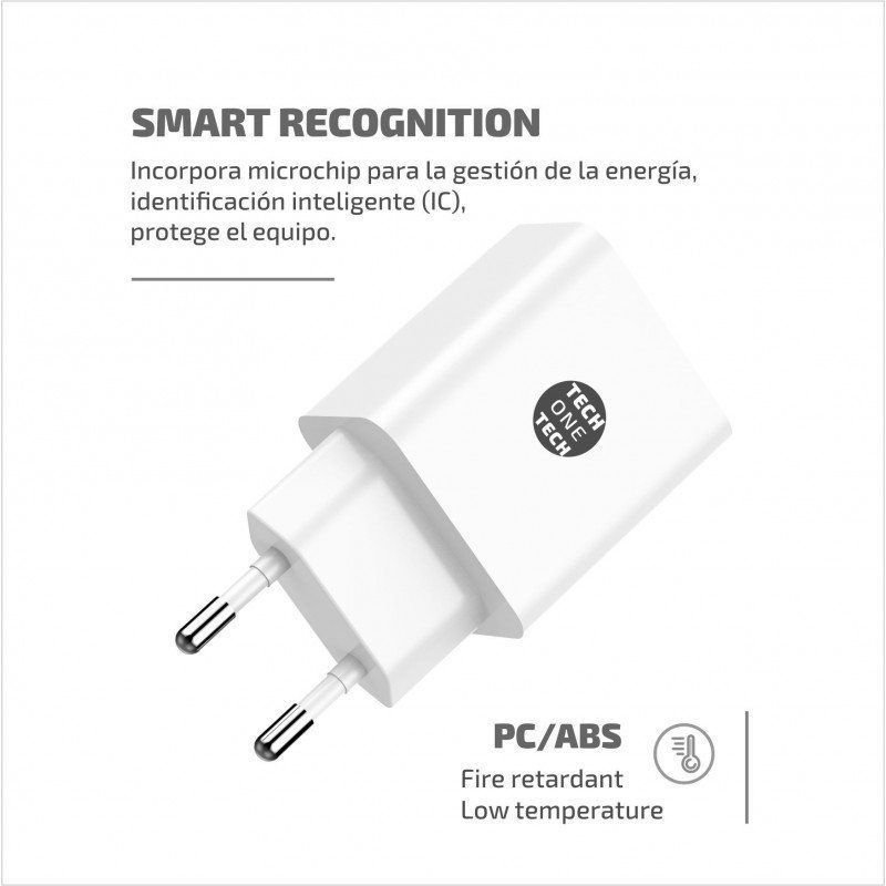 Cargador de Pared Tech One Tech TEC2403/ 2xUSB + Cable USB Tipo-C/ 12W/ Blanco - изображение 3