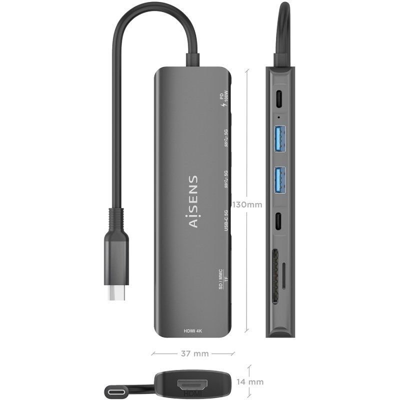 Docking USB Tipo-C Aisens ASUC-7P026-GR/ 1xHDMI/ 2xUSB/ 1xUSB Tipo-C / 1xUSB Tipo-C PD/ 1xLector Tarjetas/ Gris - изображение 4