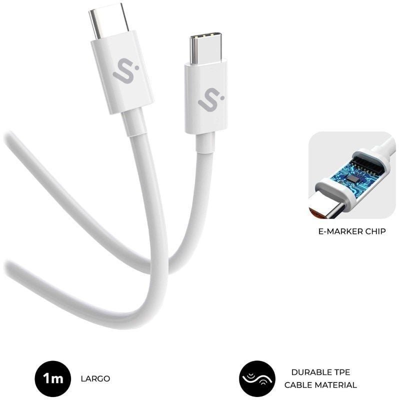 Cable USB 2.0 Tipo-C Subblim Cable Plus/ USB Tipo-C Macho - USB Tipo-C Macho/ Hasta 100W/ 480Mbps/ 1m/ Blanco - изображение 2