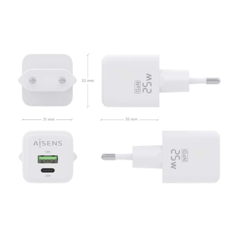 Cargador de Pared GaN Aisens ASCH-25W2P014-W/ 1xUSB Tipo-C/ 1xUSB/ 25W - изображение 4