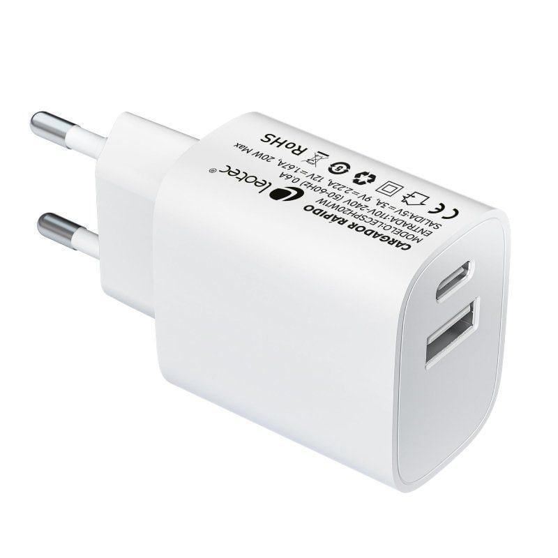 Cargador de Pared Leotec LECSPH20W2W/ 1xUSB Tipo-C/ 1xUSB/ 20W - изображение 2