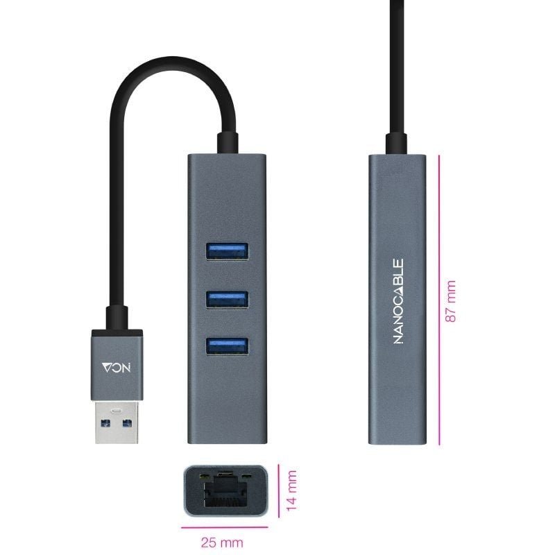 Hub USB 3.0 Nanocable 10.03.0407/ 3xUSB/ 1xRJ45/ Gris - изображение 2