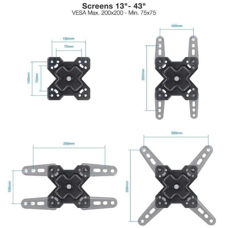 Soporte de Pared Extensible/ Giratorio/ Inclinable TooQ LP1344TN-B para TV de 13-43"/ hasta 20kg - изображение 2