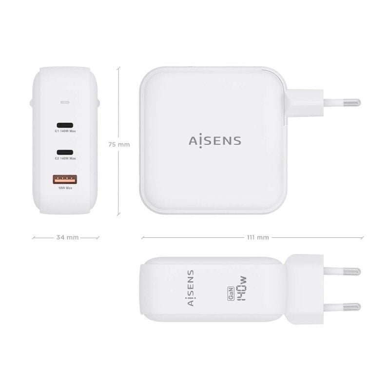 Cargador de Pared GaN Aisens ASCH-140W3P030-W/ 2xUSB Tipo-C/ 1xUSB/ 140W - изображение 4