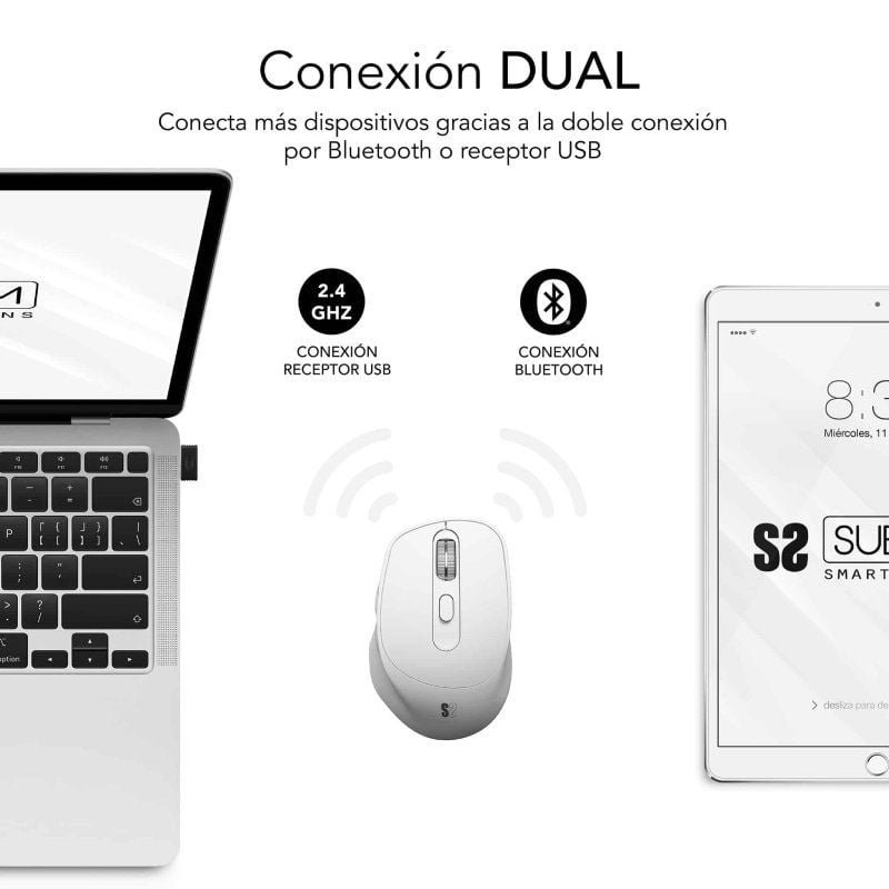 Ratón Ergonómico Inalámbrico por Bluetooth/ 2.4GHz Subblim Comfort Ergo Dual Battery/ Batería recargable/ Hasta 2400 DPI/ Blanco - изображение 3