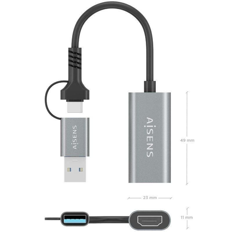 Conversor HDMI Aisens A109-0913/ USB + USB Tipo-C 3.1 Macho - HDMI Macho/ 15cm/ Gris - изображение 4
