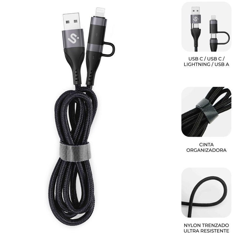Cable USB 2.0 Tipo-C Subblim Top 4 en 1/ USB Tipo-C Macho - USB Macho/ USB Tipo-C Macho - Lightning Macho/ Hasta 60W/ 480Mbps/ 1m/ Negro - изображение 2