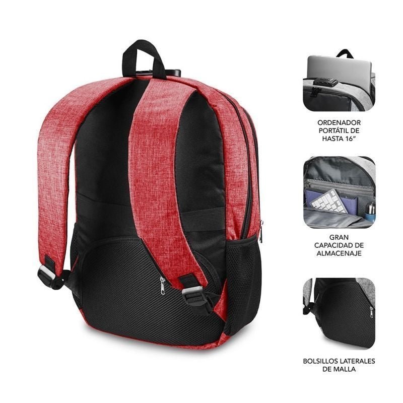 Mochila Subblim Urban Lock para Portátiles hasta 16"/ Puerto USB/ Antirrobo/ Roja - изображение 4