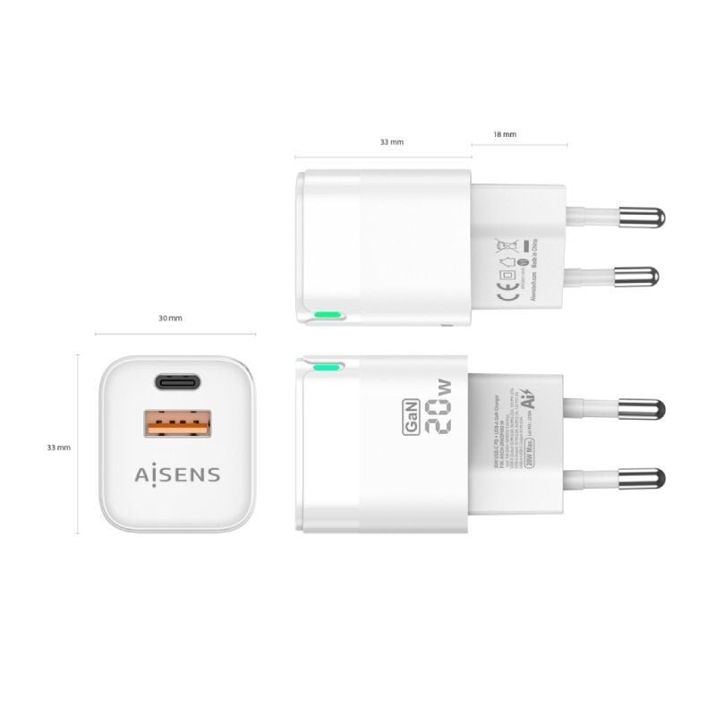Cargador de Pared GaN Aisens ASCH-20W2P002-W/ 1xUSB Tipo-C/ 1xUSB/ 20W - изображение 3