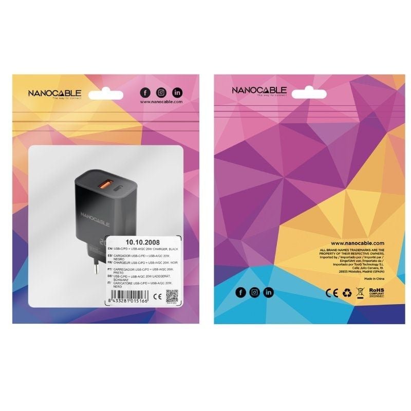 Cargador de Pared Nanocable 10.10.2008/ 1xUSB/ 1xUSB Tipo-C/ 20W/ Negro - изображение 2
