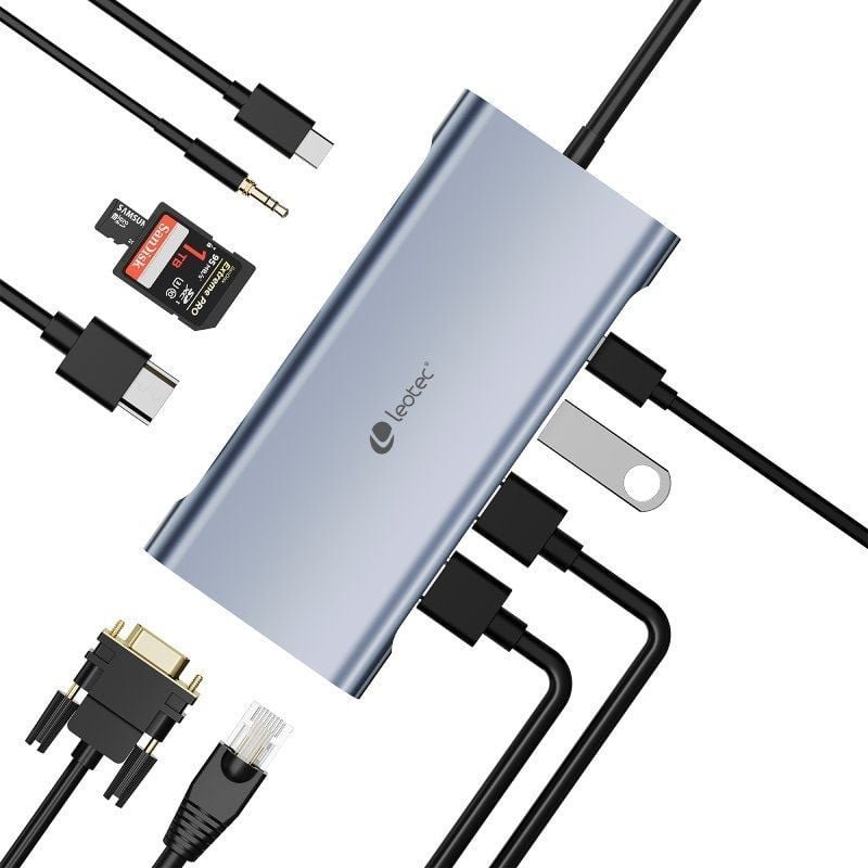 Docking USB Tipo-C Leotec LEDS01/ 3xUSB/ 2xUSB Tipo-C/ 1xUSB Tipo-C PD/ 1xHDMI 4K/ 1xVGA/ 1xRJ45/ 1xAudio/ 1xLector Tarjetas SD y MicroSD/ Gris - изображение 2