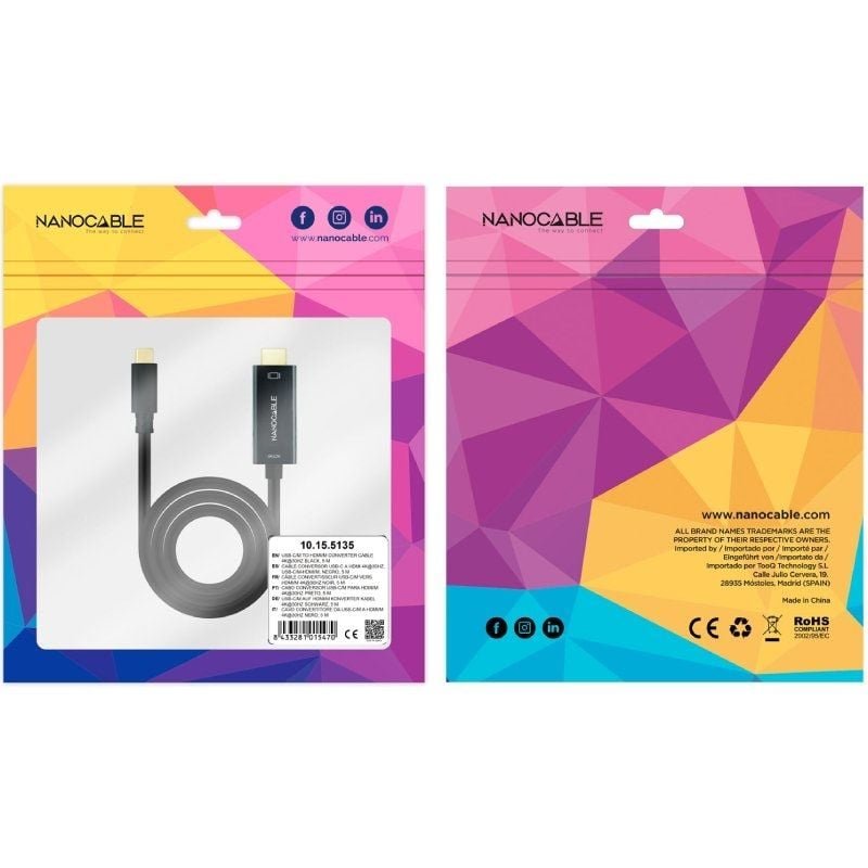 Cable Conversor Nanocable 10.15.5135/ USB Tipo-C Macho - HDMI Macho/ 5m/ Negro - изображение 4