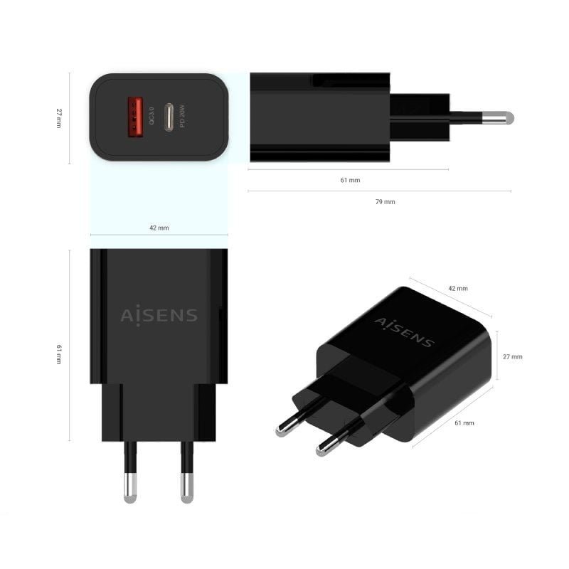 Cargador de Pared Aisens A110-0682/ 1xUSB Tipo-C/ 1x USB/ 20W - изображение 3