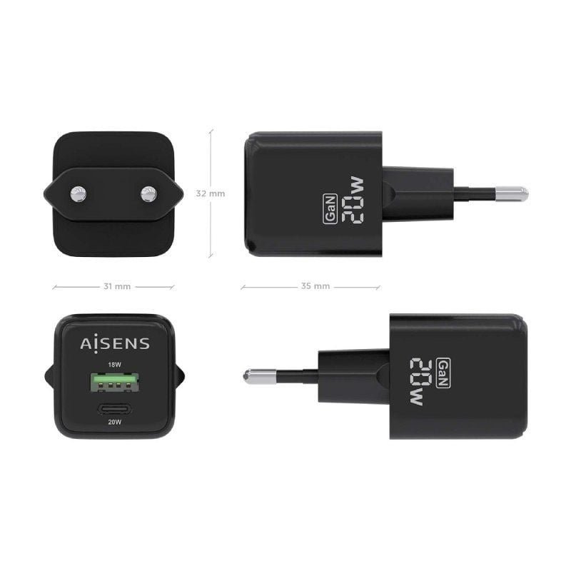 Cargador de Pared GaN Aisens ASCH-20W2P011-BK/ 1xUSB Tipo-C/ 1xUSB/ 20W - изображение 4
