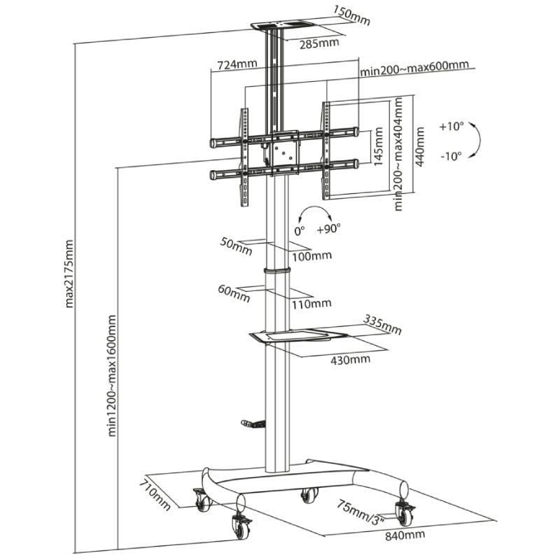 Soporte de Suelo Inclinable/ Giratorio con Ruedas y Manivela Aisens FT70TE-169 para TV 37-70"/ hasta 50kg - изображение 5
