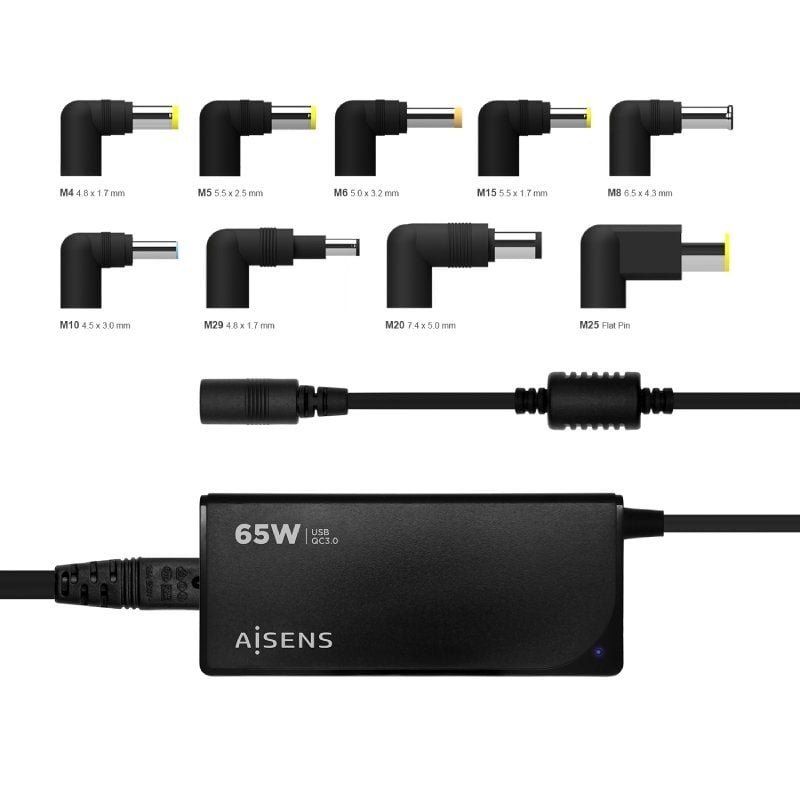 Cargador de Portátil Aisens ASLC-65WAUTO-BK/ 65W/ Automático/ 9 Conectores/ Voltaje 18.5-20V/ 1 USB QC3.0 - изображение 5