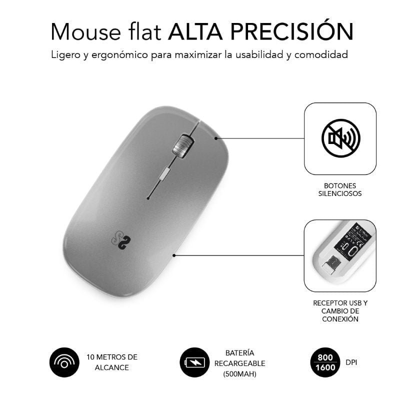 Ratón Inalámbrico por Bluetooth Subblim Dual Flat/ Batería recargable/ Hasta 1600 DPI/ Plata - изображение 2
