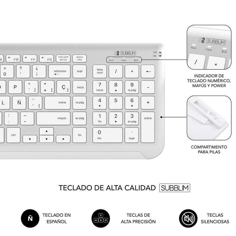 Teclado y Ratón Inalámbrico Subblim Combo Dual Prestige Extendido/ Blanco y Plata - изображение 3