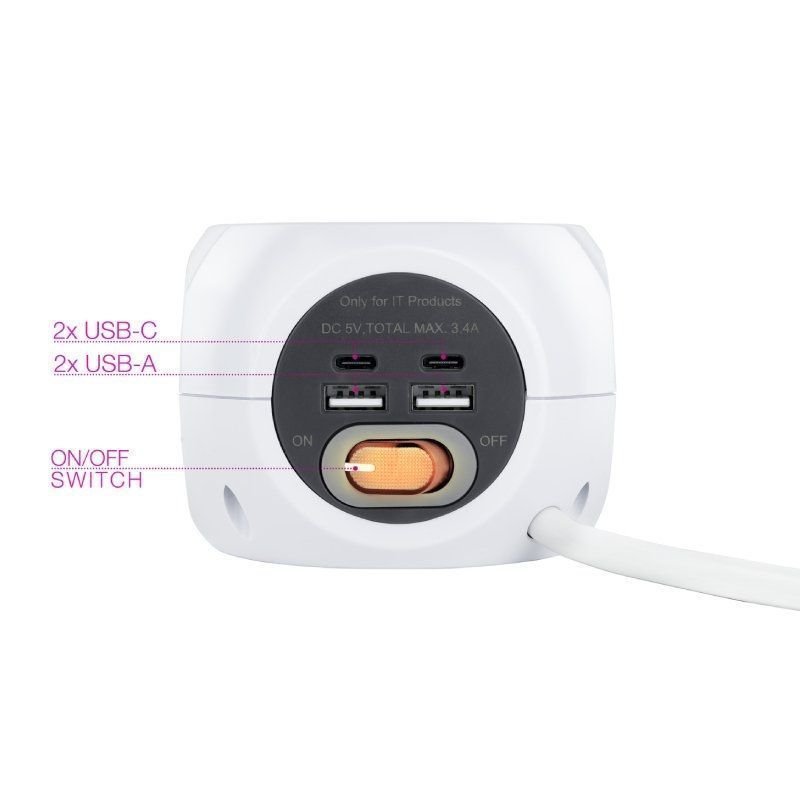 Regleta Nanocable 10.37.0001/ 3 Tomas de corriente/ 2 USB - 2 USB Tipo-C/ Cable 1.4m/ Blanca - изображение 3