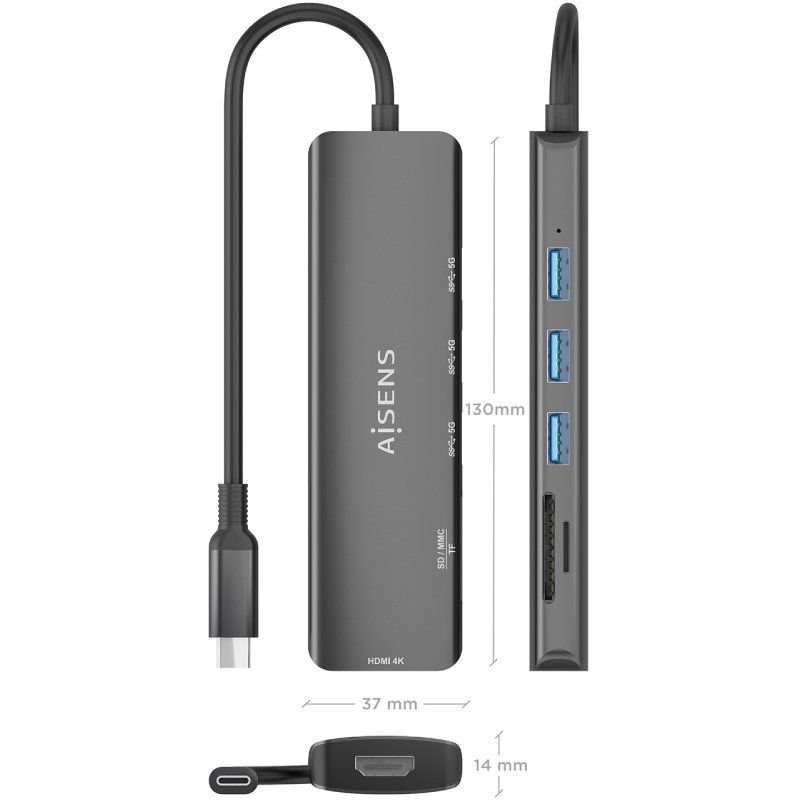 Docking USB Tipo-C Aisens ASUC-6P024-GR/ 1xHDMI/ 3xUSB/ 1xLector Tarjetas/ Gris - изображение 3