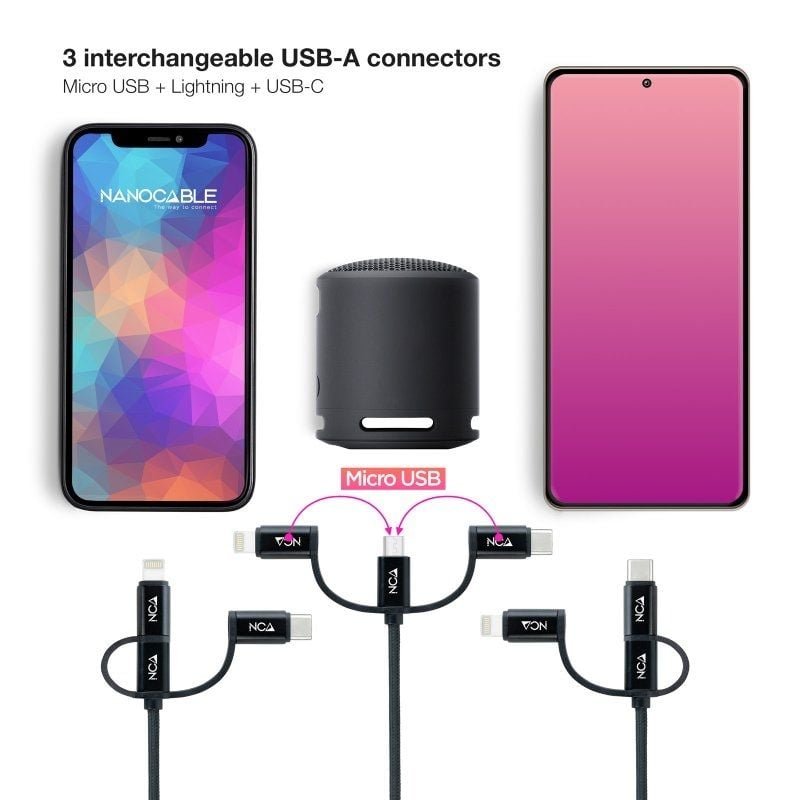 Cable USB 2.0 Nanocable 10.01.3200/ Lightning Macho - Micro USB Macho/ USB Tipo-C Macho/ 1m/ Negro - изображение 3